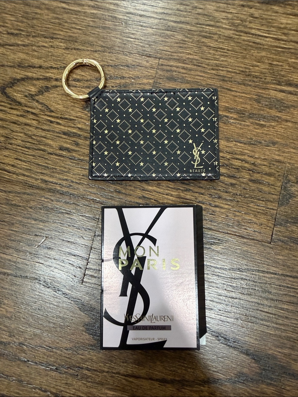Yves Saint Laurent Black and Gold mirror/key ring and YSL Mon Paris sample